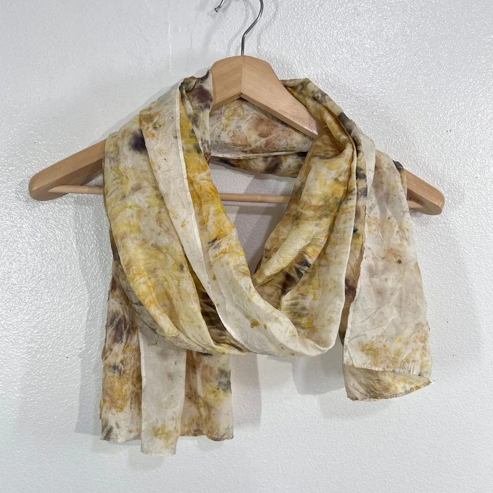 100% Silk Long Wrap Scarf Eco Dyed Botanical Print Mustard Yellow‎ Earthy Boho